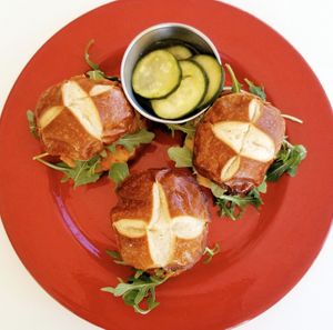 Sliders today! Falafel Spiced Chickpea Burger Sliders on Mini-Pretzel Buns - a customer fav! Sat, Mar 14   at Leaf & Lentil in Sarasota