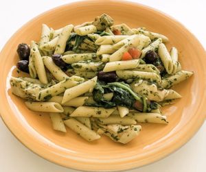 Mediterranean Penne w/pesto, spinach, artichokes, tomatoes & olives   at Leaf & Lentil in Sarasota