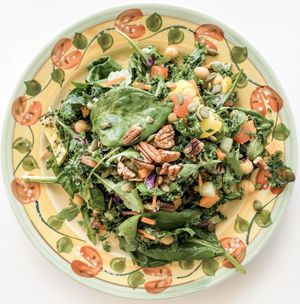 Everything salad w/ spinach, arugula, kale, chickpeas, tomatoes, cucumbers, roasted vegetables, seeds, nuts & turmeric vinaigrette  So good and good for you.  at Leaf & Lentil in Sarasota