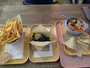 Fries, The Portobello Taco, and Hummus with pitta bread.  at The Cocinita in Miami