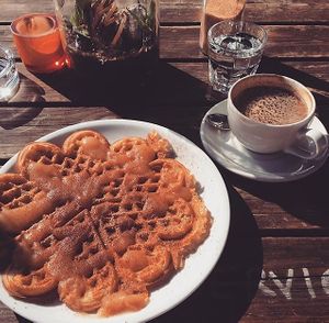 Vegan waffle and coffee with vegan milk  at Pavillon am Ufer in Berlin