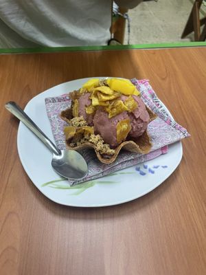 Fresca and vanilla with mango, plantano and mazapán topping   at Glotonería in Oaxaca