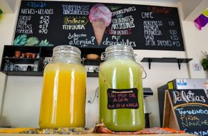 You can refresh yourself with "Agua fresca" (fruit juice). Perfect for sunny days or long walks. at Glotonería in Oaxaca
