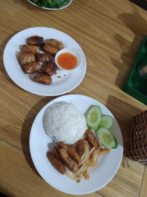 Vegetarian ribs in tamarind sauce + fried spring rolls at Hoa Sen in Phan Thiet