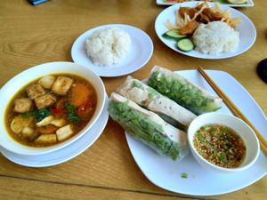 Stewed tofu, I wanna say it's called, fresh spring rolls and some veggie ribs at Hoa Sen in Phan Thiet