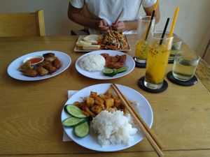 Fried spring rolls, chicken salad, some ribs and lemongrass and chili tofu at Hoa Sen in Phan Thiet