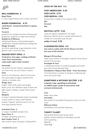Sample food menu at Palm Greens in East London