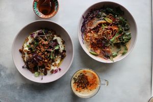 Winter warmers -
Cauliflower Puree topped with roasted Portobello 
& Miso Shiitake Noodle Soup
 at Palm Greens in East London