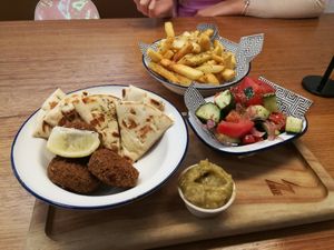 Pita Bread & Falafels, w/ Smoky Egg Plant Dip, accompanied by chips and a salad at Zeus Street Greek in Cannington