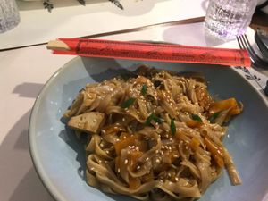 Rice noodle dish at Veggies in Tirana