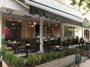 Outdoor dining area at Veggies in Tirana