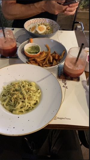 Avocado-pistachio pasta (vegan) and budha bowl (vegetarian)  at Veggies in Tirana