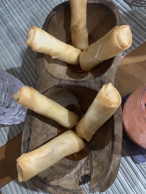 Vegan springrolls with carrots, mushrooms, truffle and sauce  at Veggies in Tirana