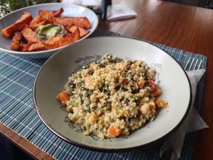 Bulgur dish and sweet potato fries at Veggies in Tirana