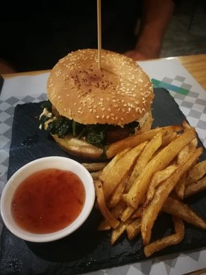 Vegan burger - smoked tofu and spinach at Veggies in Tirana