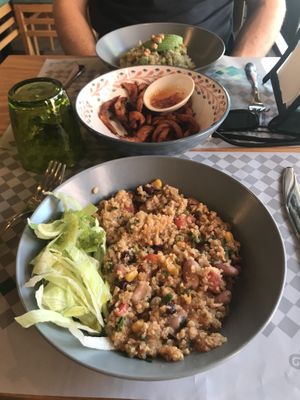 Burrito, chips and pesto bowl (back) at Veggies in Tirana