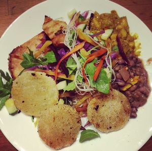 Bammies, Breadfruit, Kidney Beans in Coconut and Basil, Moringa Loaf, House-Blend of Curry. YUM! Love the food here so much I started working for the company :) at Veggie D'Light in Toronto