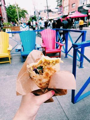 curried chickpeas and jerk seitan in a roti at Veggie D'Light in Toronto