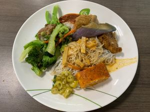 Bee Hoon with Otah, Yong Tau Fu and Broccoli for $3.8. at Taste of Vegetarian in East Singapore