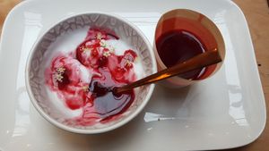 Amazing coconut yoghurt and raspberry desert at NattyFood in Carcassonne