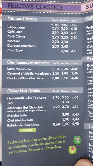 menue at Coffee Fellows in Mallorca