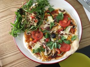 Pizza and salad.
 at Nourish in Teignmouth