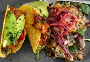 Pulled jackfruit filled tacos with salad at Nourish in Teignmouth