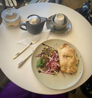 Curried satay pasty with a couple of the fresh salads and a pot of teaa  at Nourish in Teignmouth