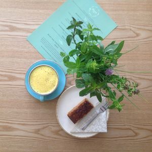 Turmeric latte & sticky gingerbread  at Nourish in Teignmouth