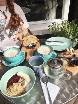 amazing brunch! I had the breakfast bowl and lemon tea. my friends had walnut bread with pb & jam ! at Nourish in Teignmouth