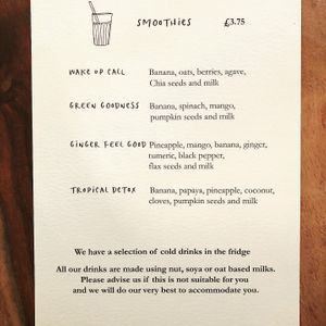 Smoothie menu at Nourish in Teignmouth