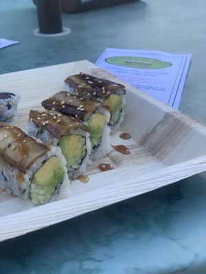 Caterpillar Roll - Sesame marinated eggplant with avocado and cucumber topped with vegan eel sauce. 😋 at Wasabi Beach Sushi & Kitchen in Montauk