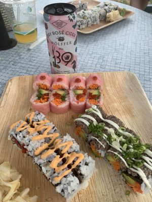 Naturally Good Roll (the pink roll), Magic Mushroom Roll (the brown roll) and can’t recall the third roll but it had mushrooms and peppers, delicious! at Wasabi Beach Sushi & Kitchen in Montauk