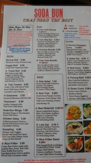 Menu at Soda Bun Thai in Mesa