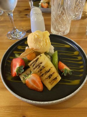 Coconut rice pudding, passion fruit sorbet, fruitt  at The Waterfront in Totland