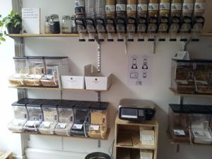Refill station by weight. Household staples, like lentils and rice at Zero Waste Market in Glasgow