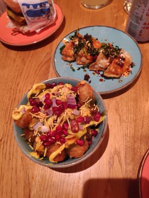 Chaat Tater tots and gyoza at Wholesome Junkies in Manchester