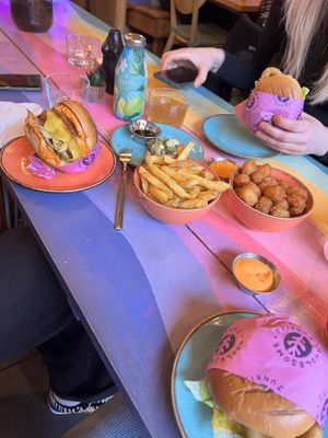 Kimchi chickin’ burger, fries, tater totes   at Wholesome Junkies in Manchester