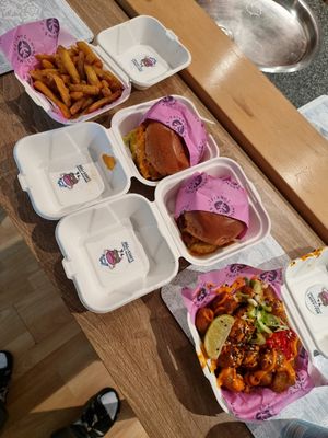 House fries, Thai tots, Kimchi Chikn burger, BBQ Chikn burger at Wholesome Junkies in Manchester