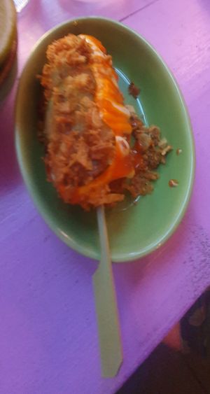 CLASSIC CORNDOG
-
SMOKED SAUSAGE, PANKO CRUMB, KETCHUP, MUSTARD, PICKLES & CRISPY SHALLOTS at Wholesome Junkies in Manchester