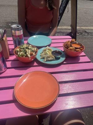 Tater tots, gyozas and chick’n  at Wholesome Junkies in Manchester