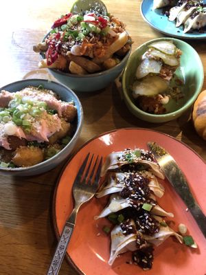 Thai fries, corn dog, tater tots, chilli gyoza   at Wholesome Junkies in Manchester