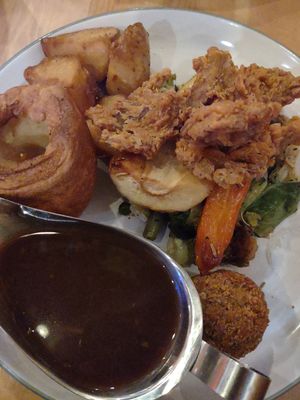Sunday roast with chick'n wings at Wholesome Junkies in Manchester