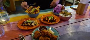 Gyoza, corn fritters, tofu bites, Thai fries, classic mac at Wholesome Junkies in Manchester