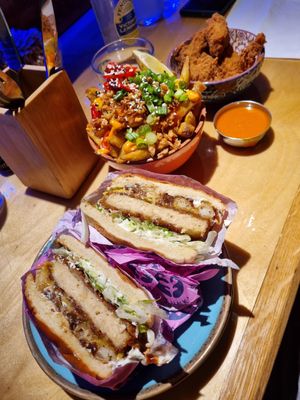 C'cken burger with fries and c'cken bites at Wholesome Junkies in Manchester