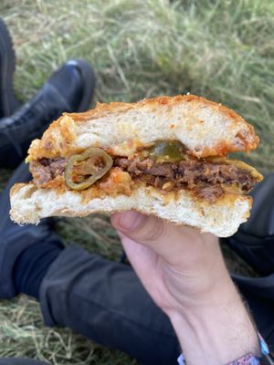 Chilli Cheese Burger with Beefless patty (at Kendall Calling festival August 2024)  at Wholesome Junkies in Manchester