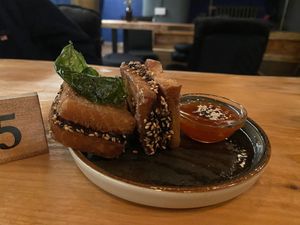 Vegan prawn toast  at Wholesome Junkies in Manchester
