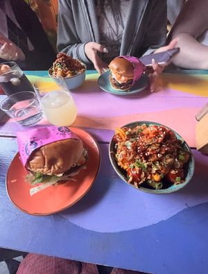 Classic burger & Kimchi tater tots  at Wholesome Junkies in Manchester