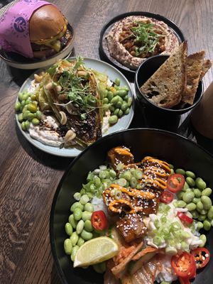Chili burger, hummus, roasted cabbage, and nourish bowl   at Wholesome Junkies in Manchester