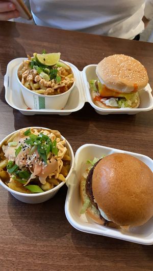KFC burger, beef-less burger, thai chips and katsu chips at Wholesome Junkies in Manchester